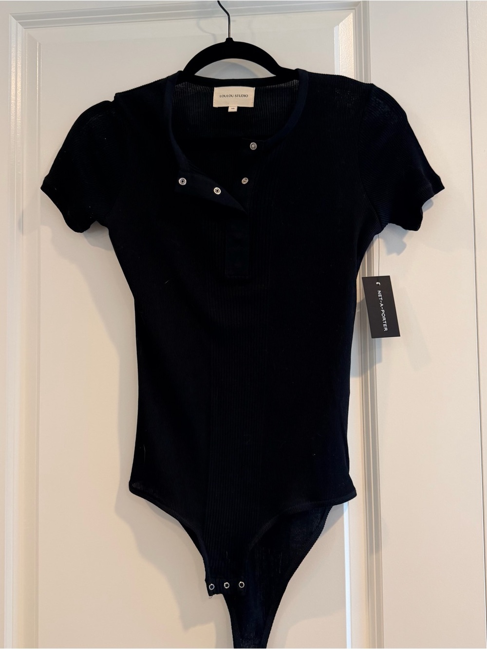 LOULOU STUDIO Black Ribbed Short-Sleeve 3 Snap-Front Bodysuit - NWT